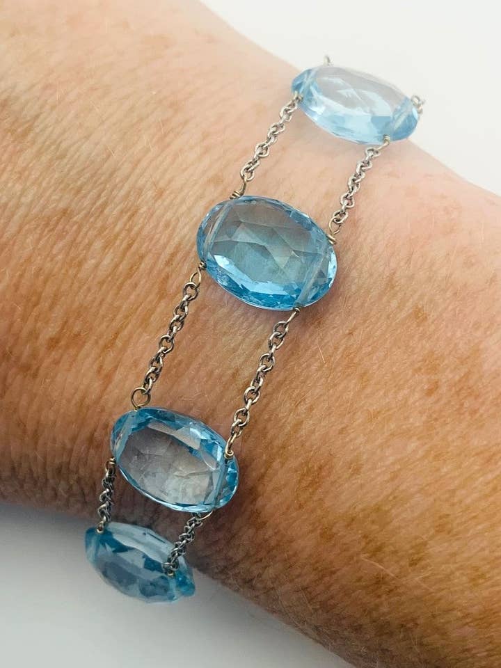 14KW Blue Topaz Briolette Oval Station Bracelet for wholesale by Raja Jewels