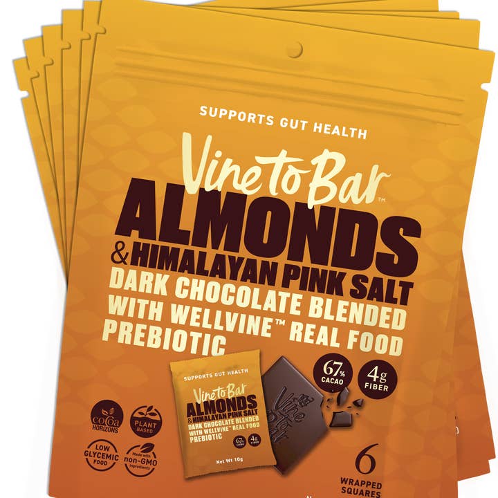 6 Six Pack Pouches - Almonds and Himalayan Pink Salt Dark Chocolate10g Squares for wholesale by Vine to Bar Chocolate