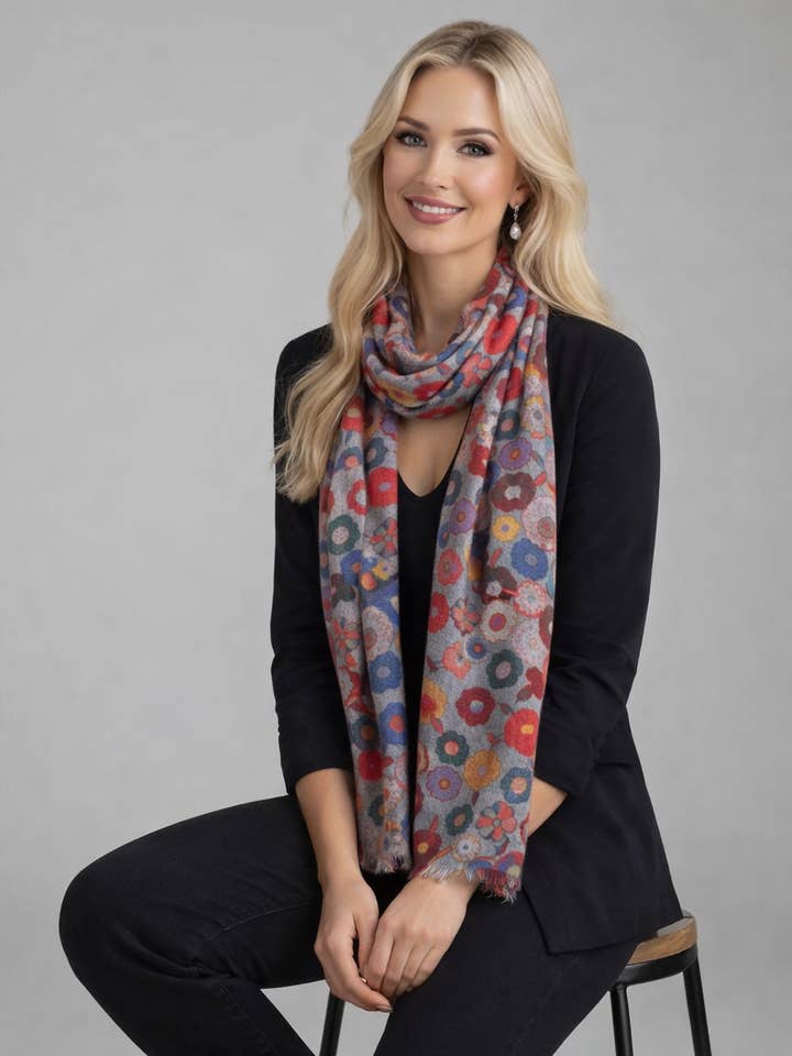 Meadow Bloom Scarf –Merino Wool Silk Wrap | Multicolor Petite Flowers on Violet Grey for wholesale by Namaskar Australia