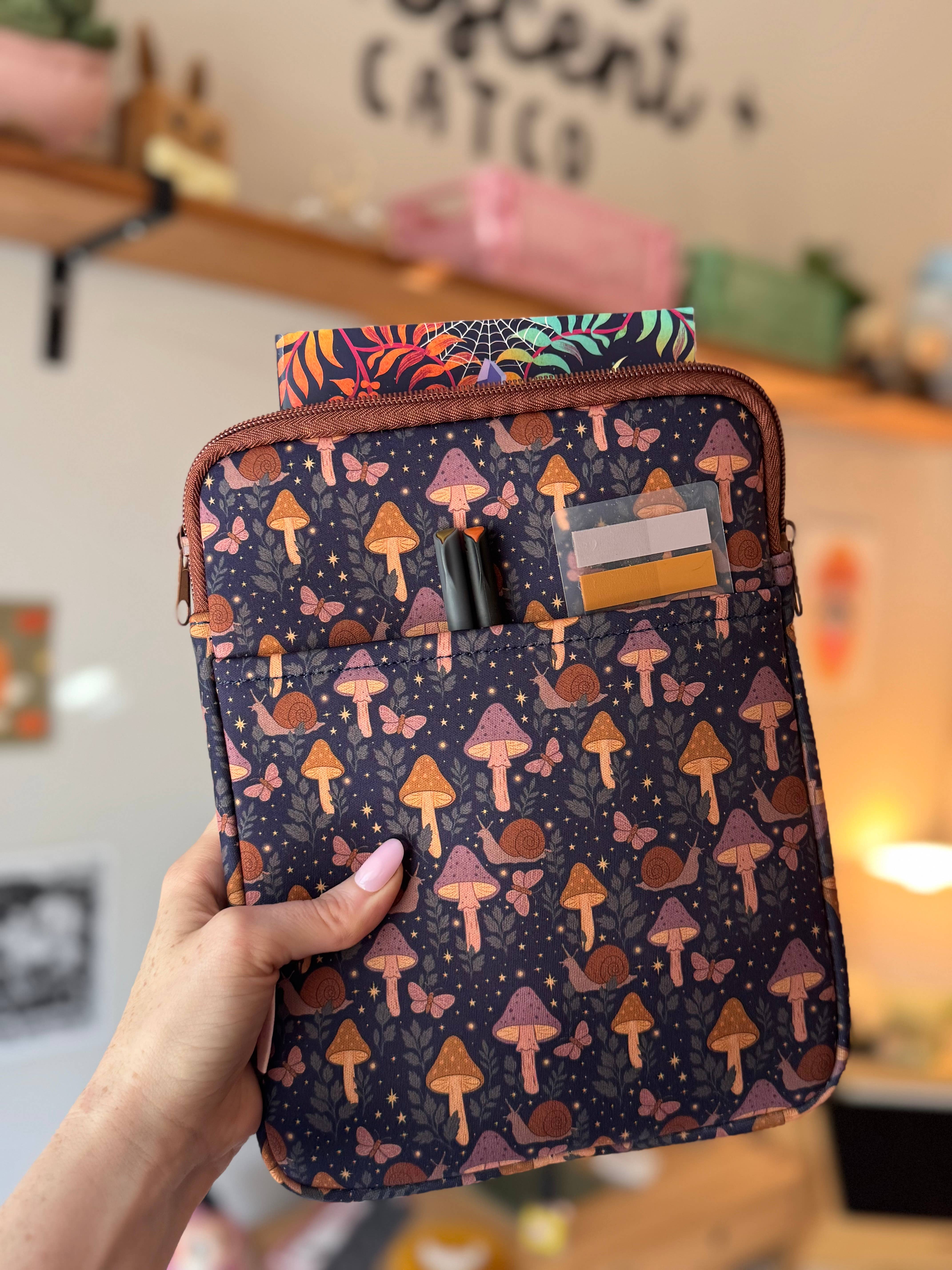 CrescentCatCo - Wholesale Book Cover - Cottagecore Mushroom Book & Kindle Pouch, Zipper and Pocket1