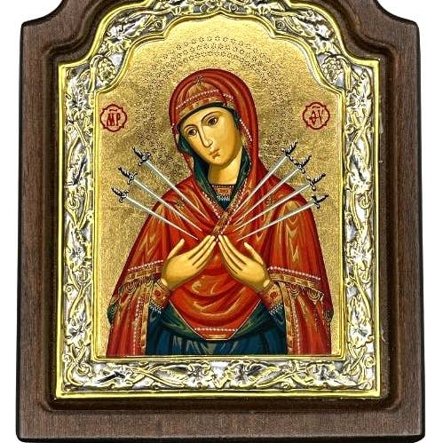 The Art of the Icon - Wholesale Religious Card - Virgin Mary with Seven Swords - Arched and Engraved Icon