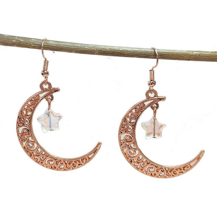 Rose Gold Large Moon with Dangle Glass Star Earrings for wholesale by Stylish Jewelry Supply