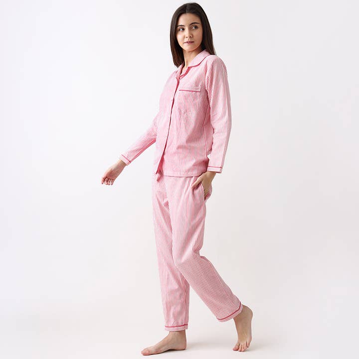 Women Classic Pink Stripes Pajama Set for wholesale by Little West Street