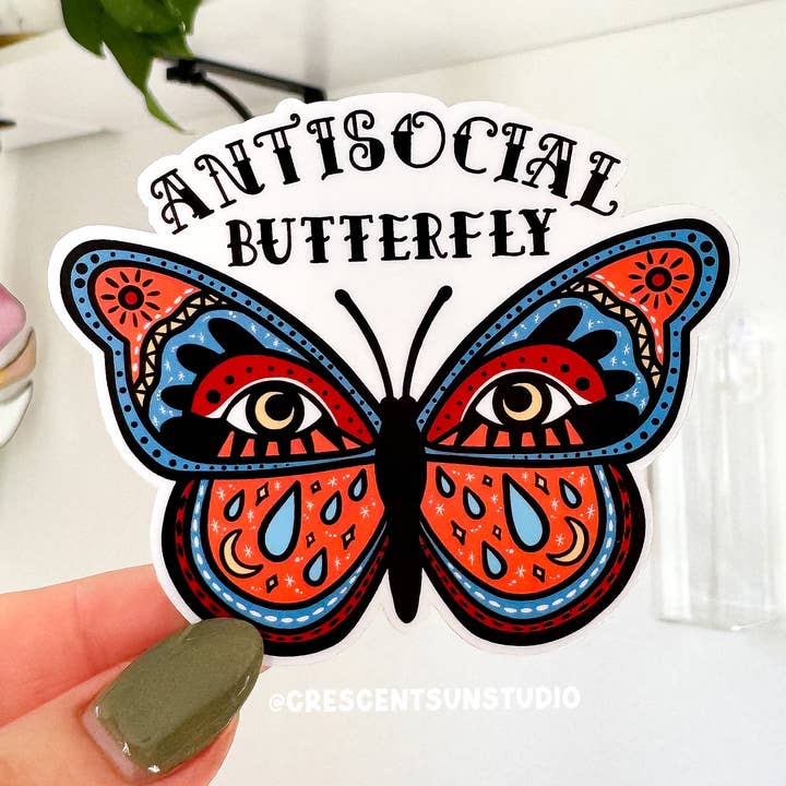 Autocollant Papillon Antisocial, Autocollant Drôle d'Introverti pour la vente par Crescent Sun Studio