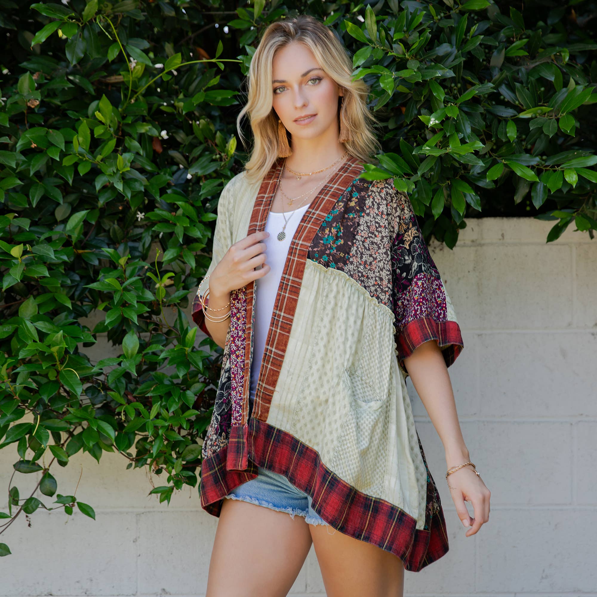 Young Threads - Wholesale Kimono - Women's - Mixed Patch Kimono Shrug with Draped Asymmetric Hem7