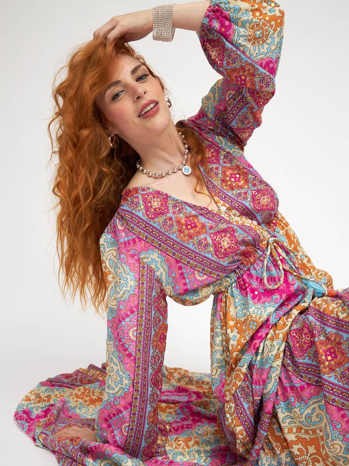 GEOMETRIC PRINT DRESS 100% COLD SILK, GOLD DETAILS for wholesale by ANISA