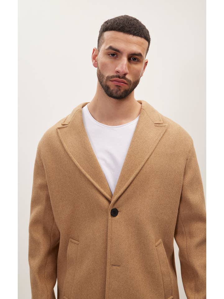 Men's Long Fitted Pea Coat With Notch Lapel - Camel for wholesale on Faire