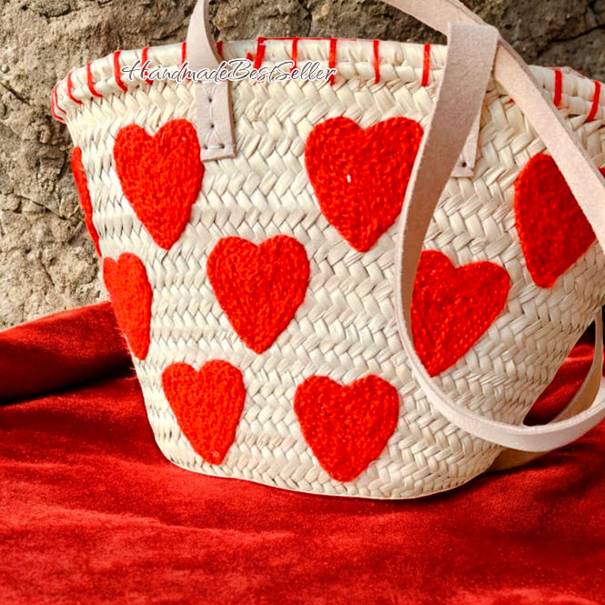HandmadeBestSeller - Wholesale Basket - Valentine's Heart Embroidered Straw Bag with Leather Handles0