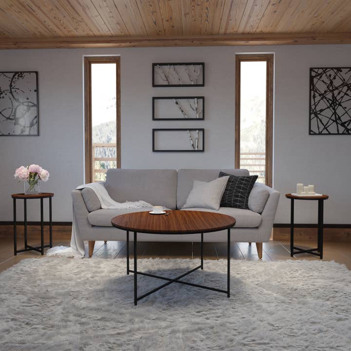 3 Piece Round Walnut Table Set-Matte Black Frame for wholesale by Flash Furniture