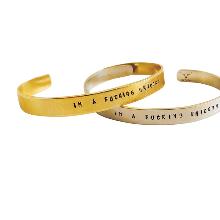 Fuck Curse Words Stamped Cuff Bracelet Im A Fucking Unicorn for wholesale by Lux + Luca Jewelry Co.