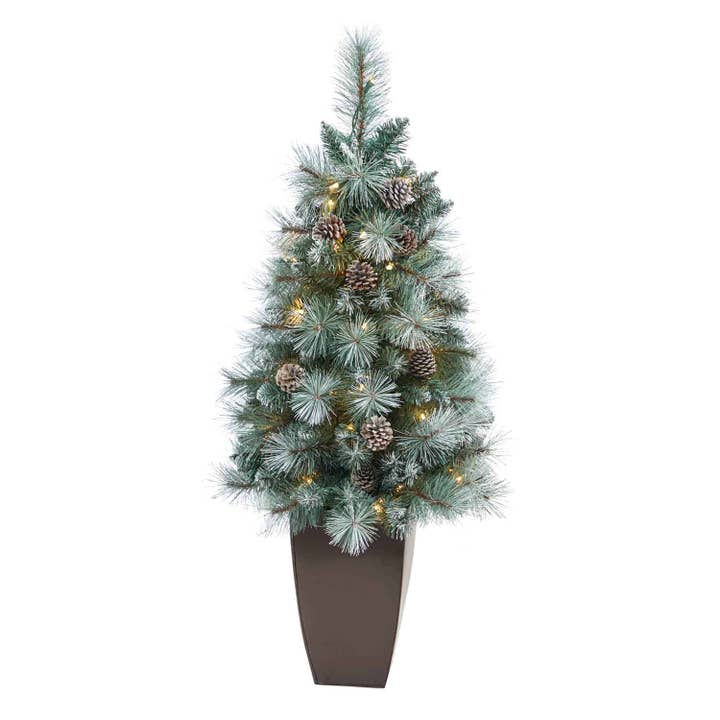 3.5’ Frosted Tip British Columbia Mountain Pine Artificial Christmas Tree with 50 Clear Lights, Pine Cones and 112 Bendable Branches in Metal Planter for wholesale by Silk Flower Depot