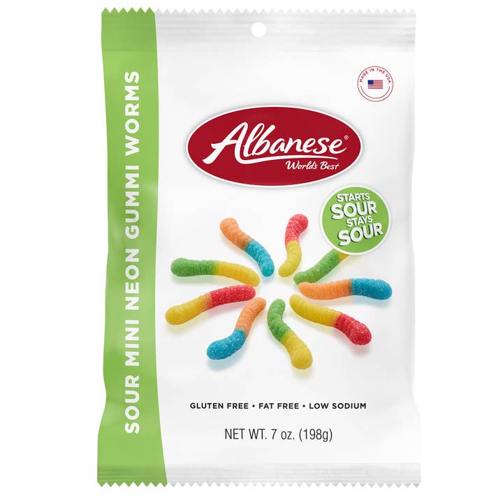 Albanese Mini Neon Sour Gummy Worms, 7oz,12ct Case for wholesale by Grandpa Joe's Candy Shop