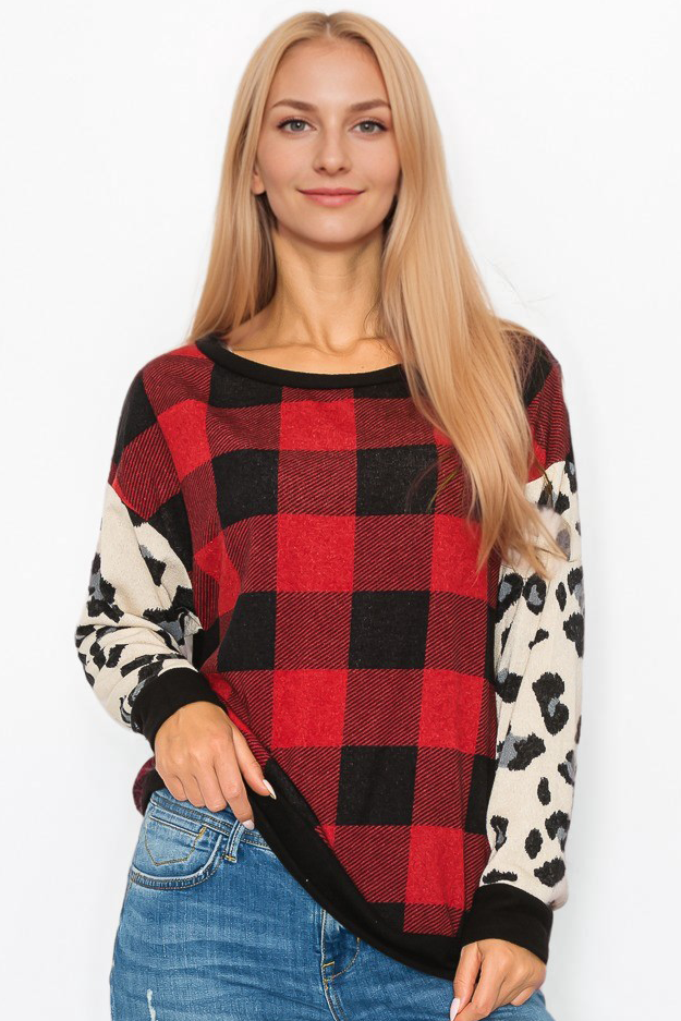 Röd 10599L195 Rutig med djurmotiv Långärmad topp för wholesale på Faire1