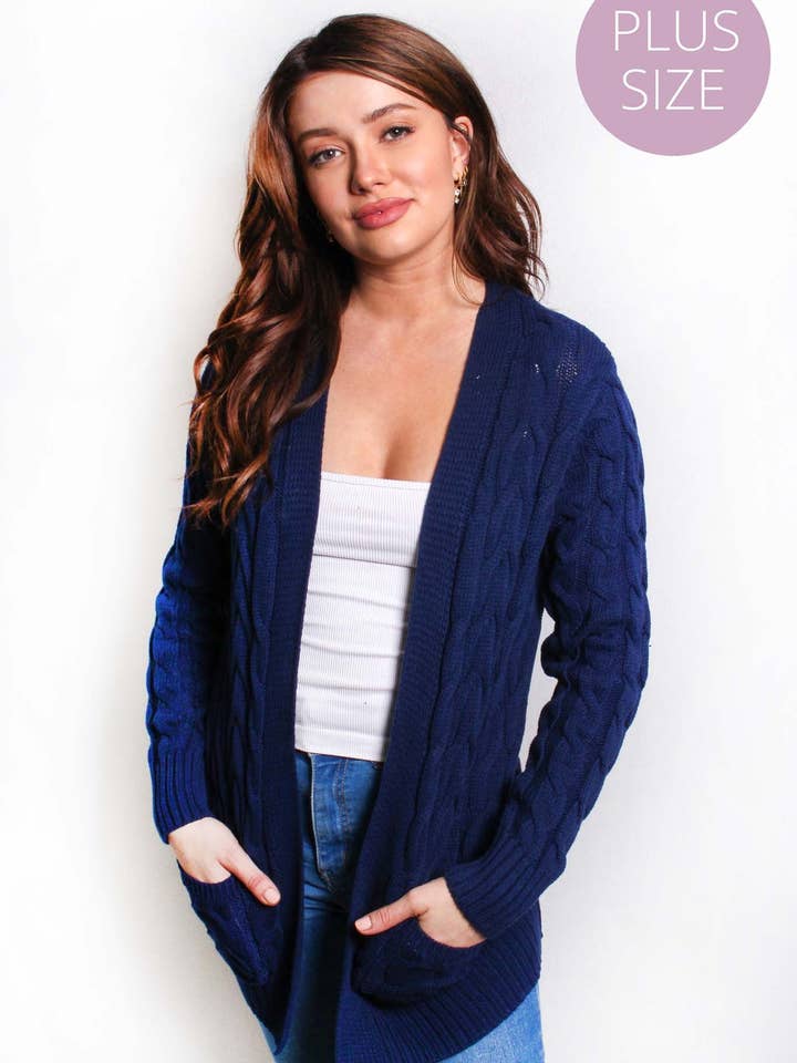 Women's Plus Long Sleeves Open Front Double Pocket Cable Knit Cardigan for wholesale by Good Stuff Apparel
