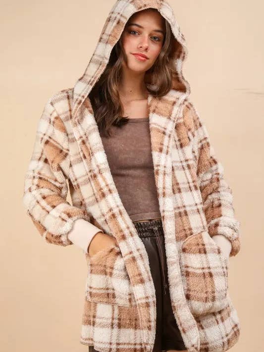 VERY J Fuzzy Plaid Long Sleeve Hooded Jacket for wholesale by Lecatta Fashion