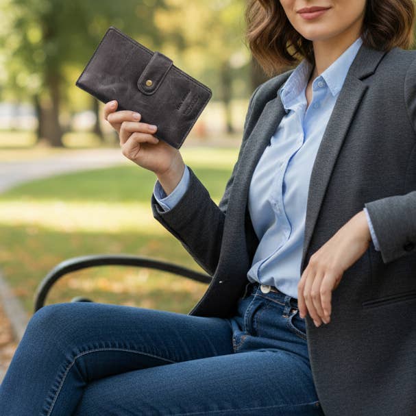 Portefeuille Kima, Cuir Noir, Protection RFID pour la vente par Alta Quero