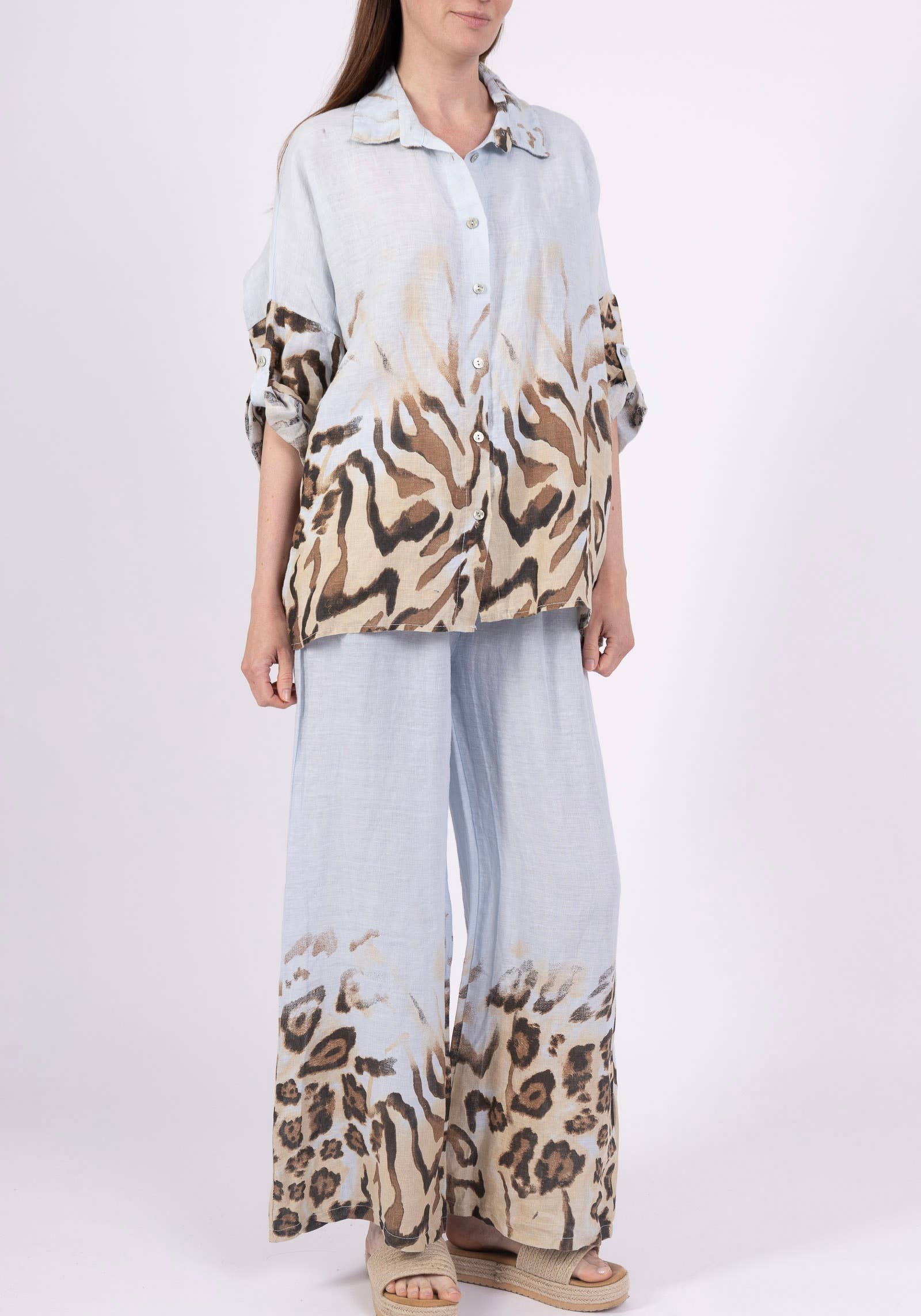 LINEN & COTTON HOUSE – Engroshandel Overdelssæt – til kvinder – Leopardmønstret hørskjorte og bukser sæt 09002 484033