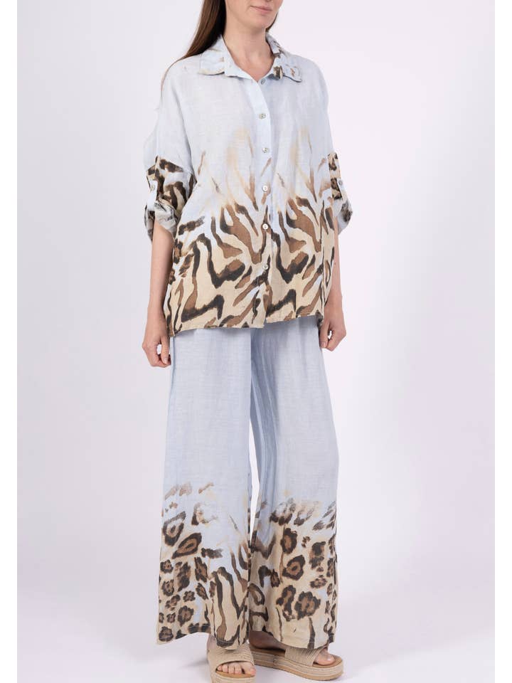 LINEN & COTTON HOUSE - Wholesale Tops Set - Women's - LEOPARD PRINT LINEN SHIRT + PANTS SET 09002 4840320