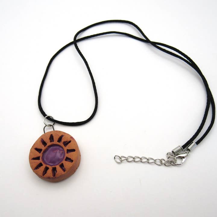 Sun Design Terracotta Round Pendant Necklace for wholesale by A Mayes Pottery