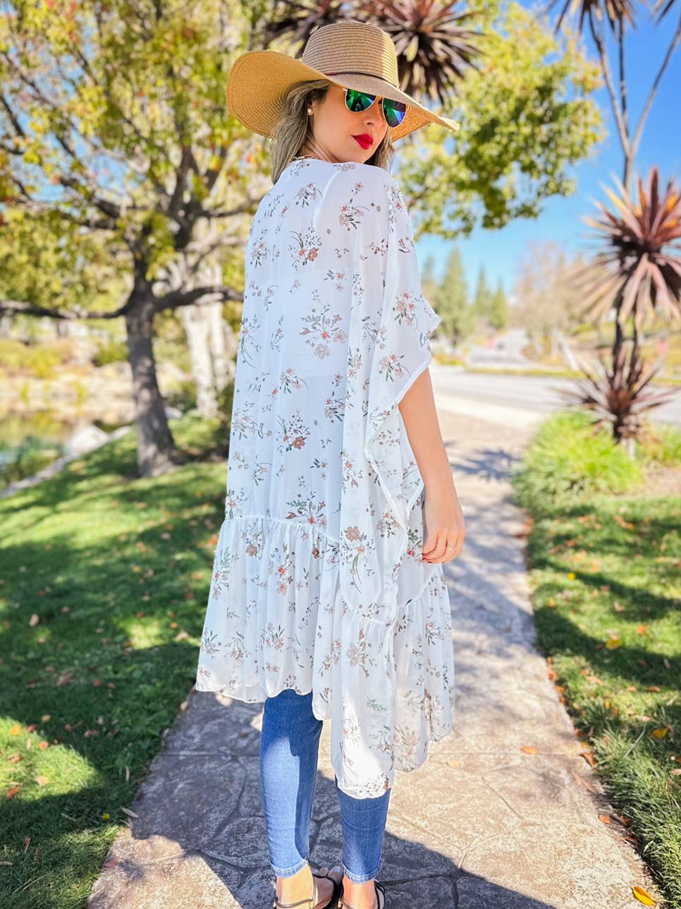 Ivory Floral Printed Ruffle Bottom Chiffon Kimono Cover Up for wholesale on Faire6