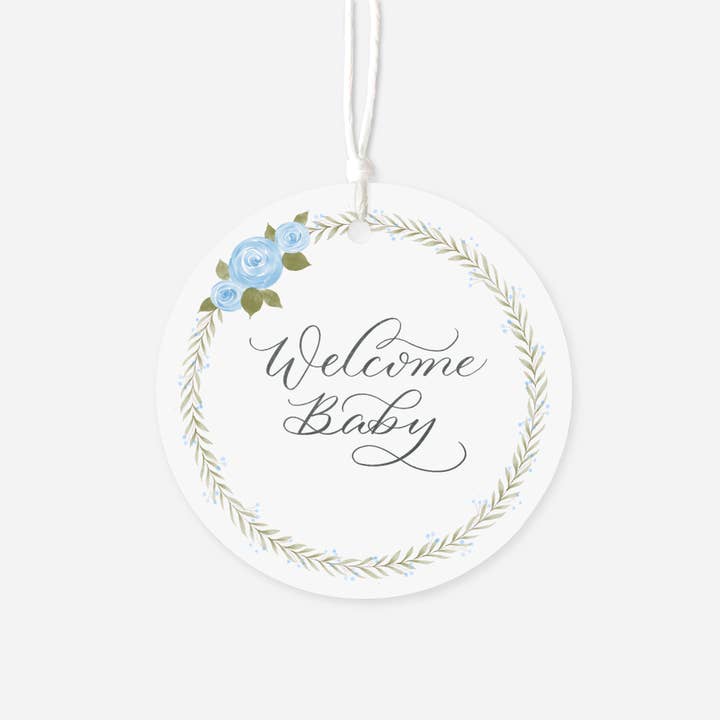 „Willkommen Baby“ (Blau) Runde Geschenkanhänger (Satz von 6) für den Großhandel von Blue Skies Lettering