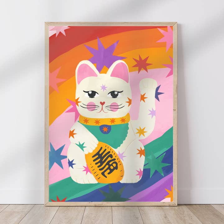 Lucky Rainbow Cat, Children’s Room, Bright and Colourful, for wholesale by Kate Fox Design