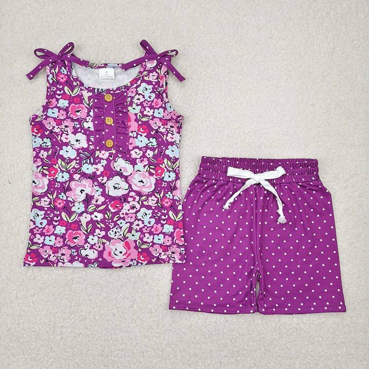 Baby Girls Purple Sleeveless Floral Button Top Polka Dots Shorts Set for wholesale by Aier Wholesale