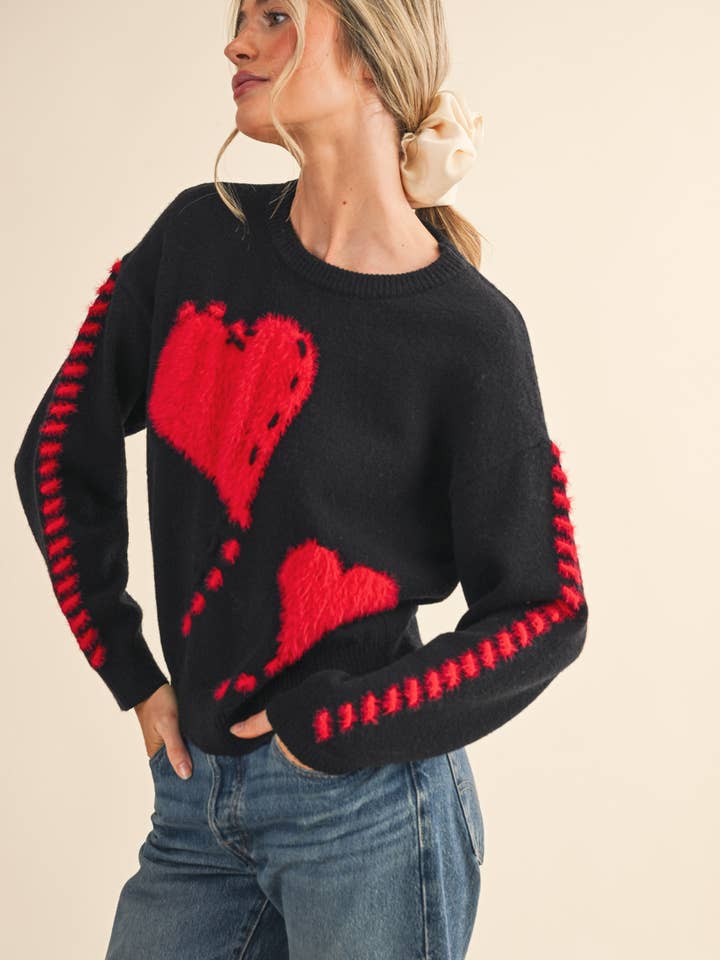&MERCI - Wholesale Knit Sweater - Women's - FUZZY HEART KNIT SWEATER WITH WHIP STITCH MSW109904