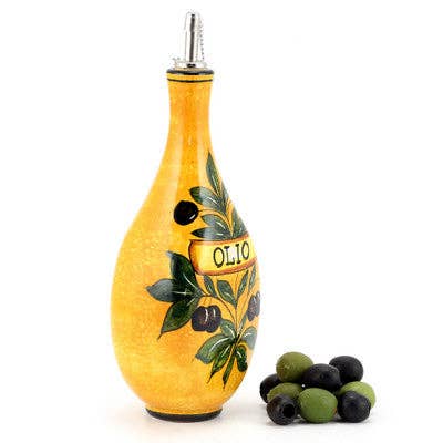 Artistica - Deruta of Italy - Wholesale Oil/Vinegar Dispenser - BUCCIATO OLIVO UVA: Olive Oil Flatten Bottle with OLIO script4