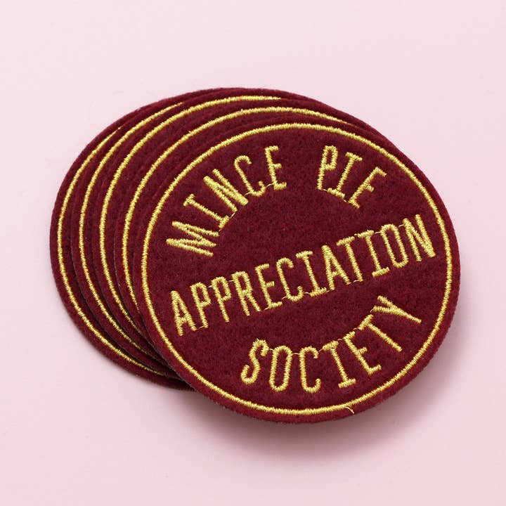 Mince Pie Appreciation Society - Burgundy - Embroidered Patch for wholesale by Alphabet Bags