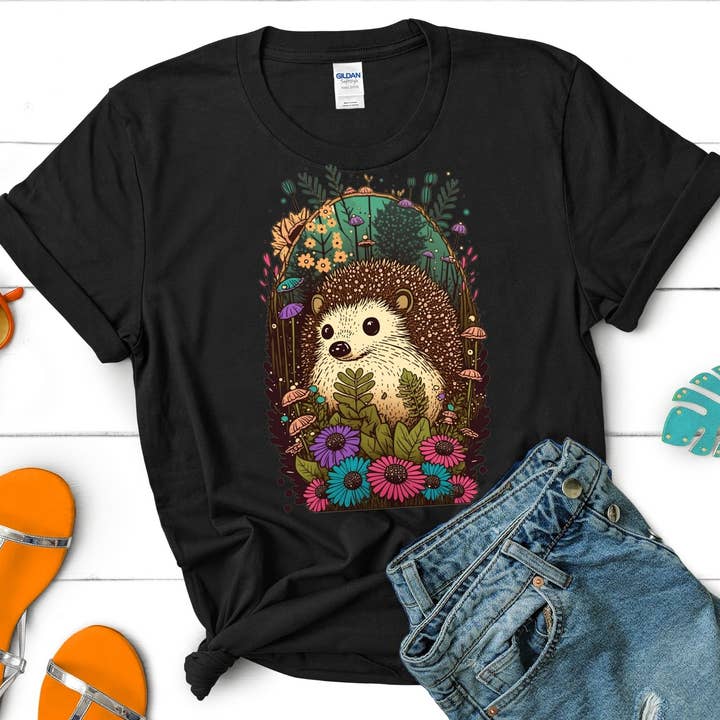 Vivtrek - Wholesale Screen Printed T-Shirt - Women's - Baby Hedgehog Floral Cottagecore Tshirt, Flower7