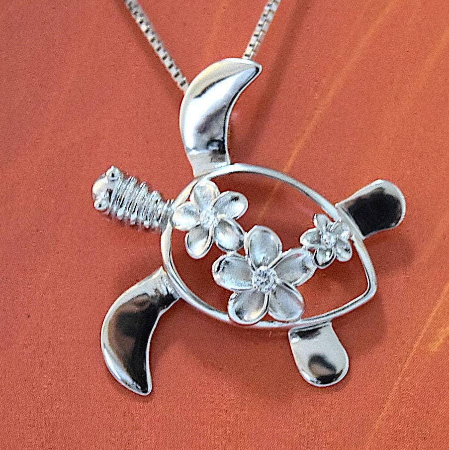Paradise Treasures Jewelry - Wholesale Individual Charm/Pendant - Hawaiian Sea Turtle 3 Plumeria Pendant, Sterling Silver Turtle 3 Plumeria CZ Pendant, Hawaiian Jewelry, Christmas Mom Birthday Gift4