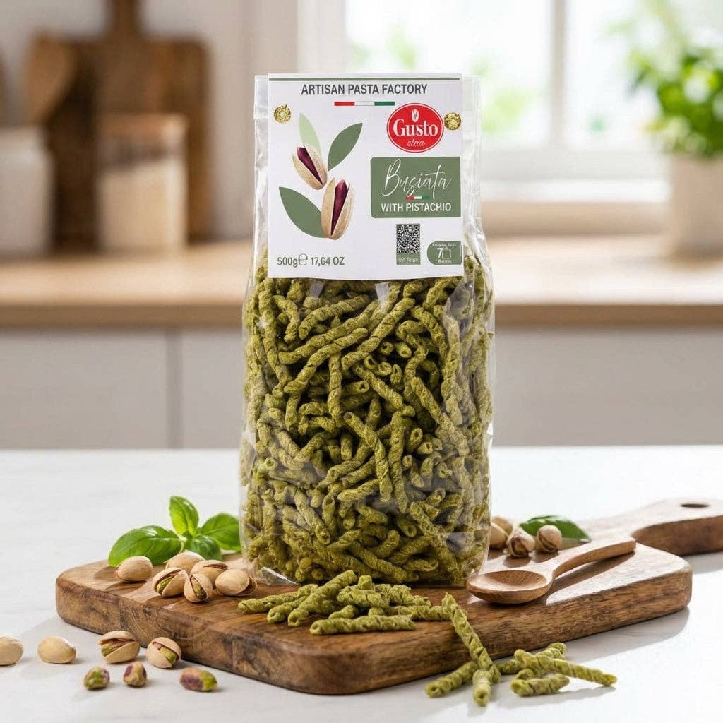 Wholesale Italian Food - Wholesale Pasta - Gusto Etna, Pistachio Busiata Pasta, Spiral Pasta (500 g)1