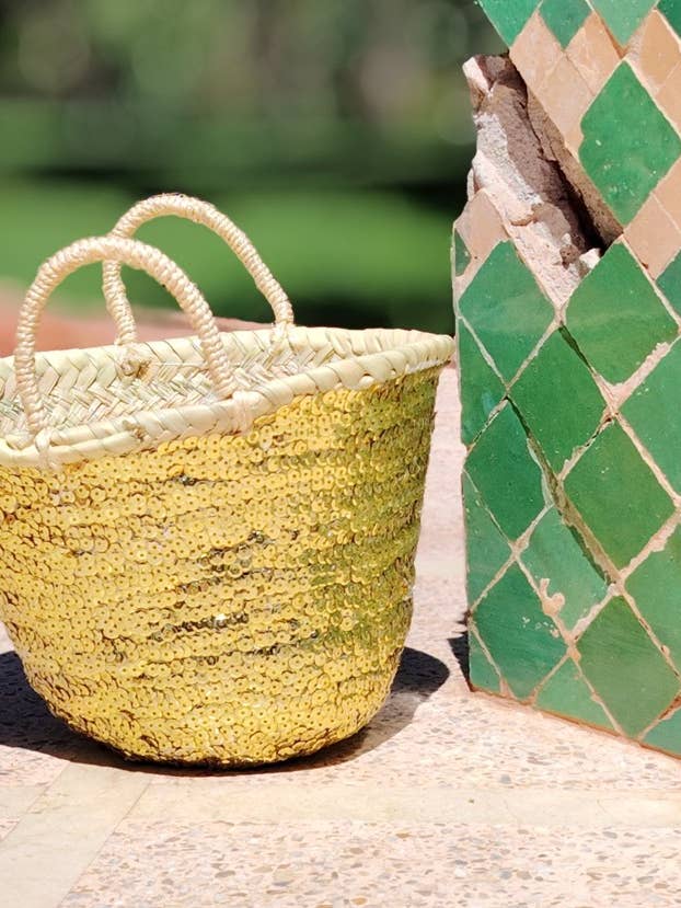 Handwoven Straw Tote Basket – Gold Sequin Embellished for wholesale by Twins Basket