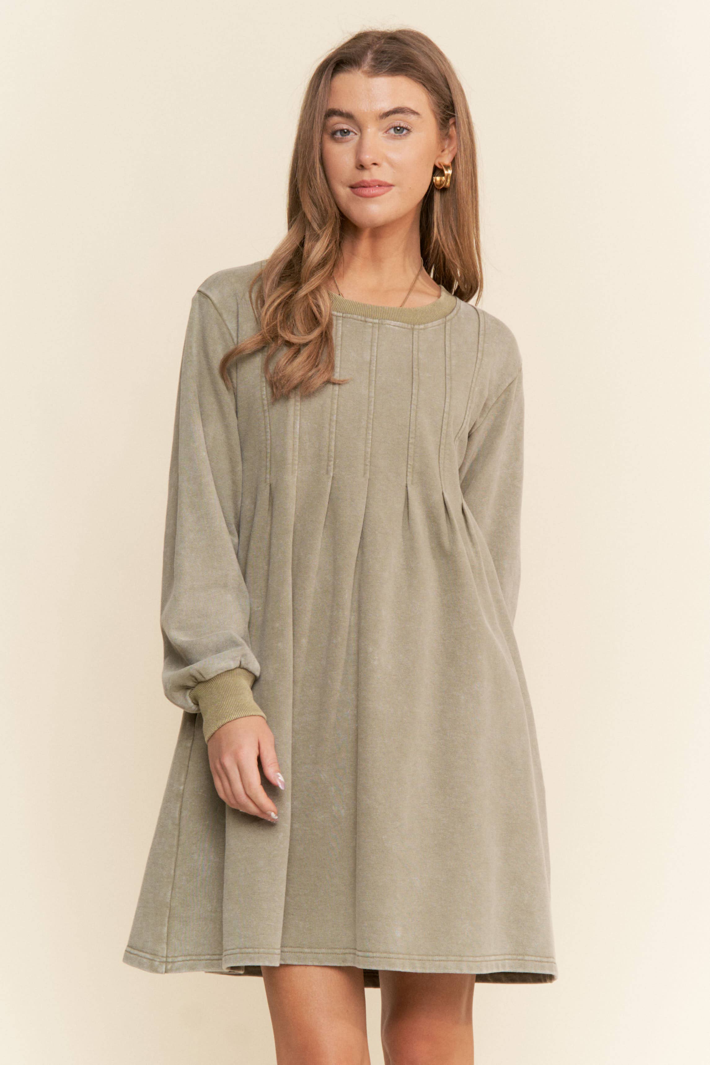 Moss Green Pleated Round Neck Long Sleeve Sweater Dress for wholesale on Faire