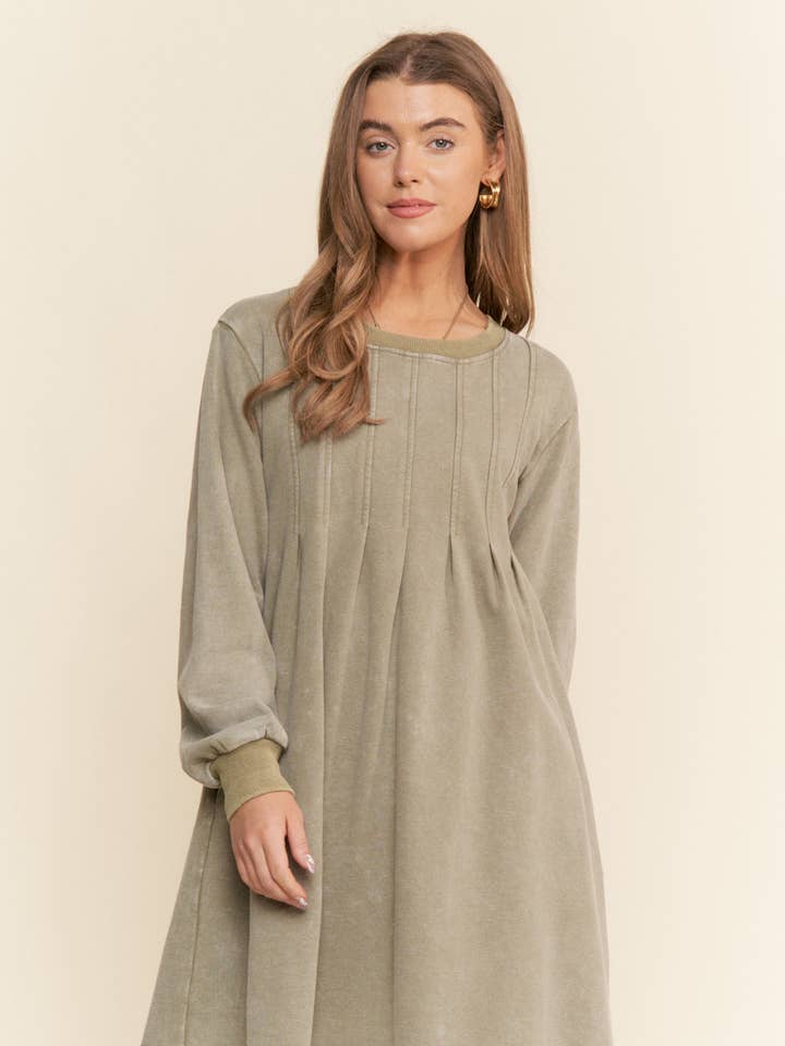 Moss Green Pleated Round Neck Long Sleeve Sweater Dress for wholesale on Faire0