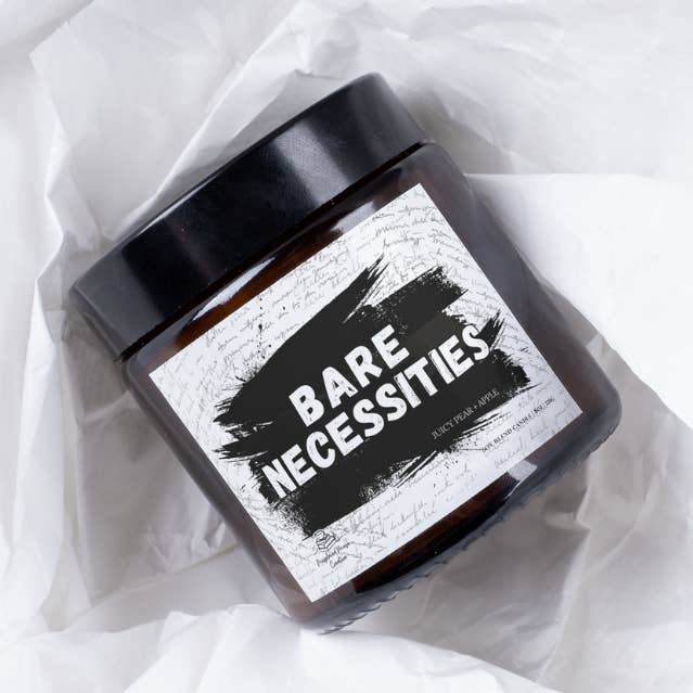 Bare Necessities Literary Soy Candle (Pear Scent) for wholesale by Misplaced Muse Creative