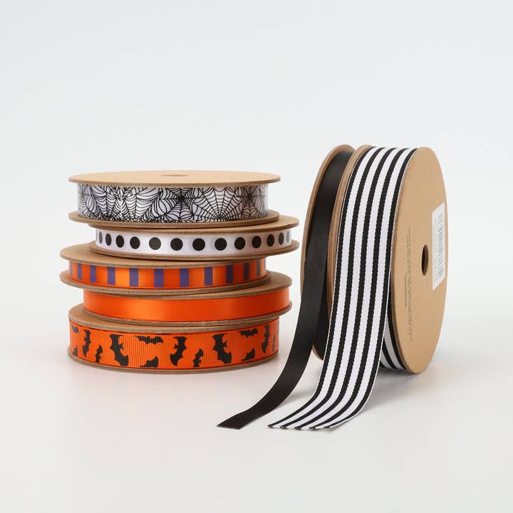 LA Ribbons Wholesale - Wholesale Ribbon - Gift Wrapping - 3/8" Single Face Printed Satin Ribbon | "Cross Stripe" Black/Orange | 20 Yard Roll
4