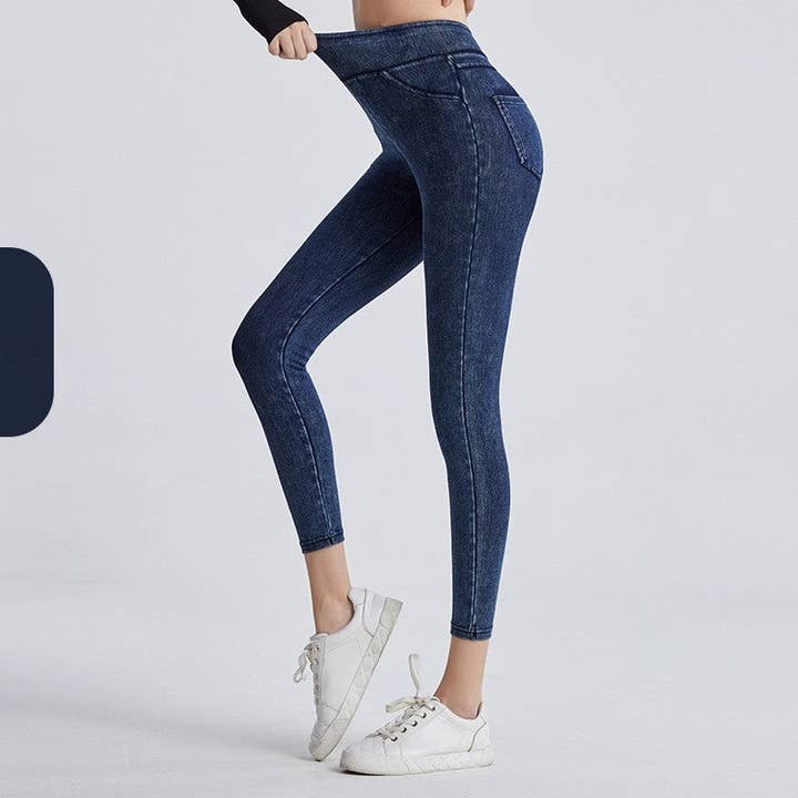 FurDecoration - Wholesale Athletic/Lounge Leggings - Women's - High Waist Fleece-Lined Sporty Denim Leggings