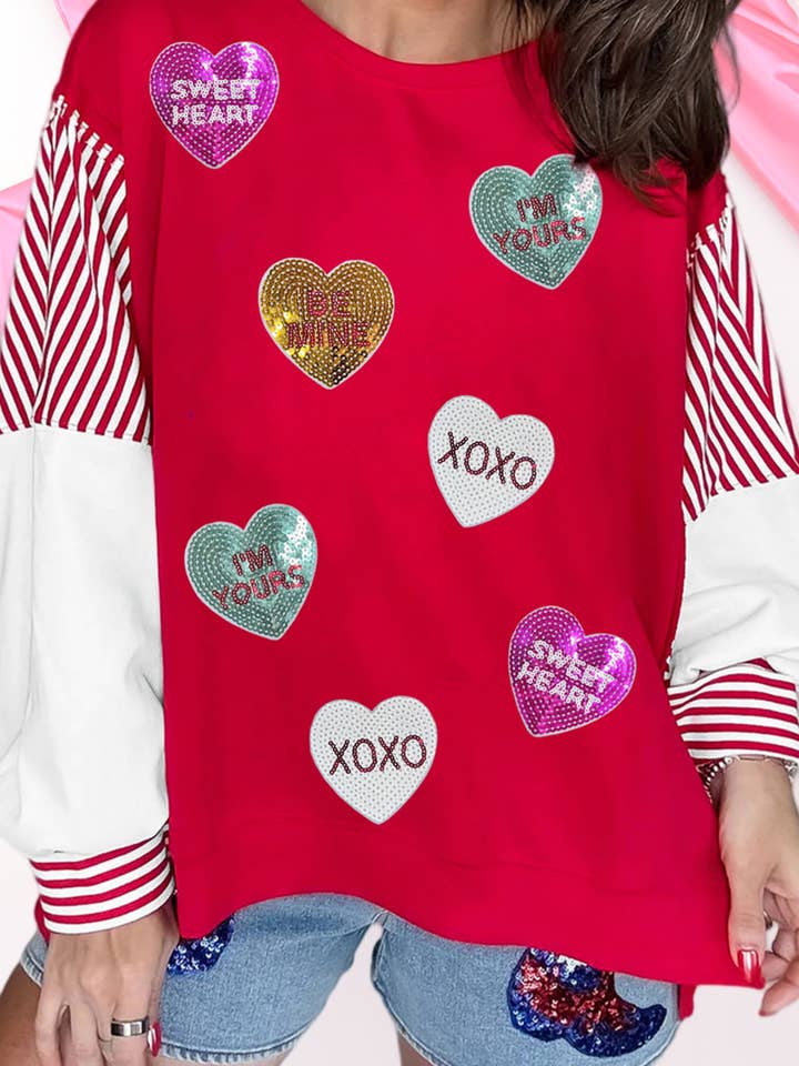 Valentines Day Slogan Sequin Heart Graphic Sweatshirt (S-XL) for wholesale by 66DISCO