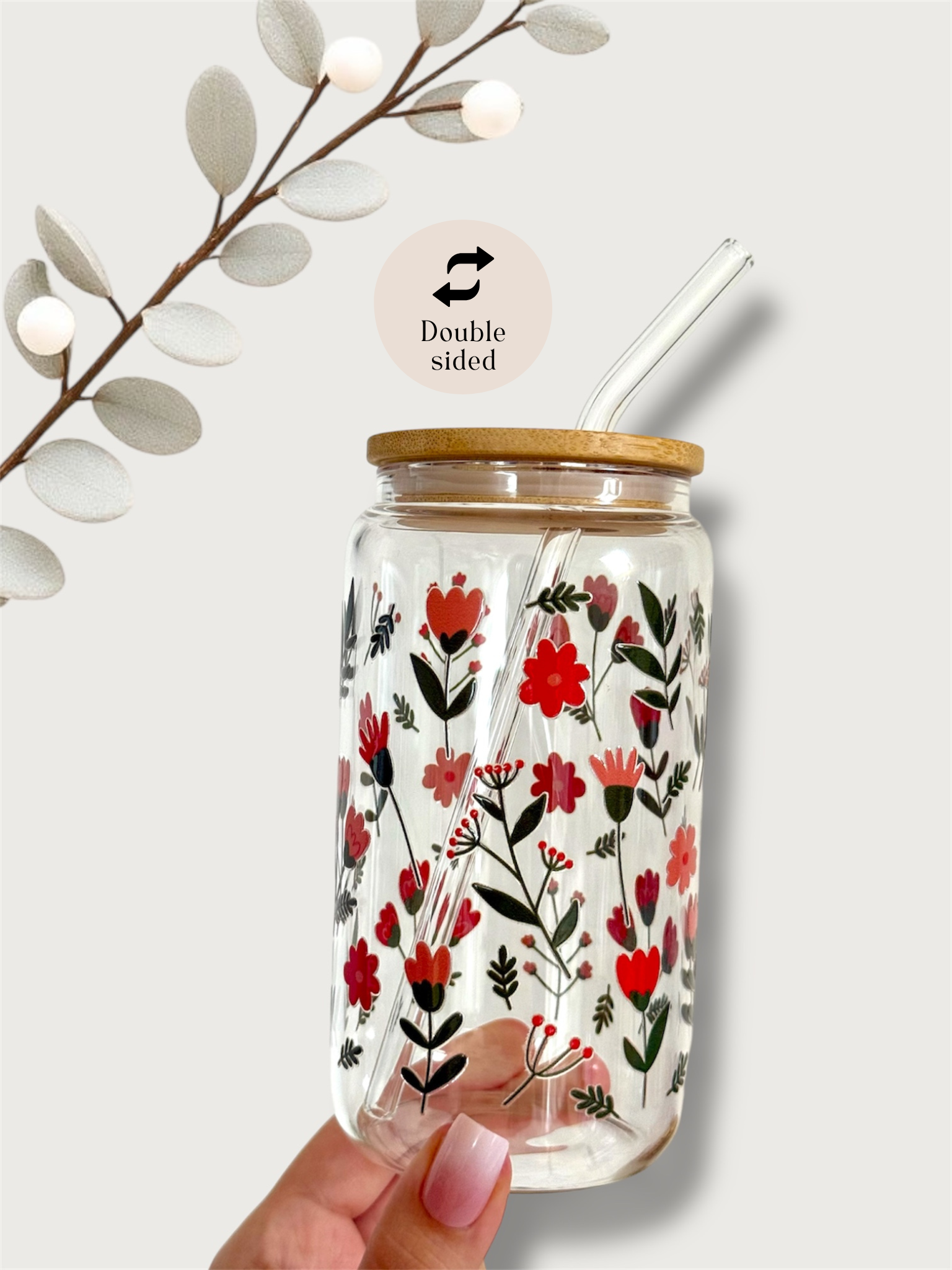 the cute cloud - Wholesale Drinking Glass/Cup - Red Flower Garden Glass Tumbler Double Sided Print with Lid and Straw1