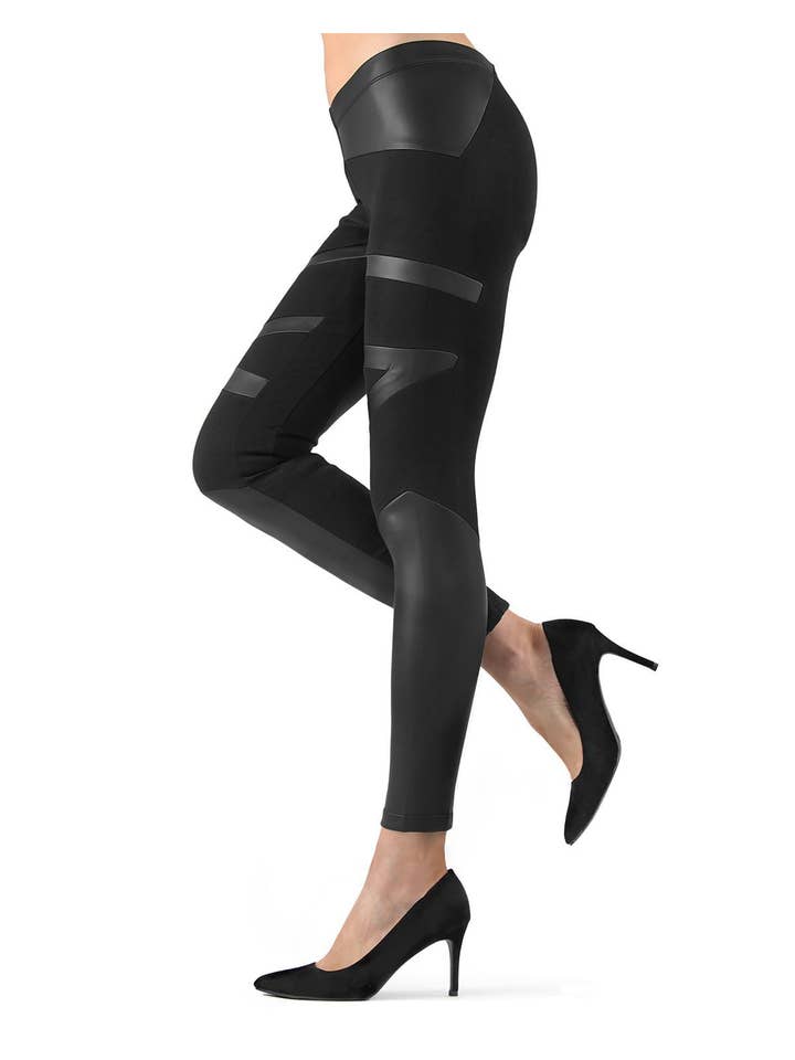 Black MeMoi Matxina Retro Cut Faux Leather Accents Leggings for wholesale on Faire