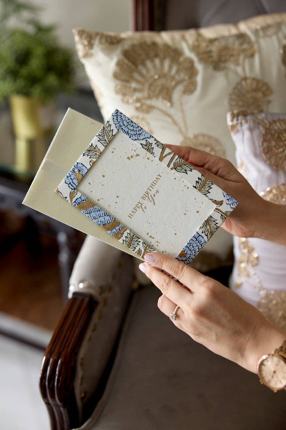 Paper Mirchi – wholesale Birthday card – Keepsake Block Printed Greeting Card - Photo frame Marigold Glitz Blue Stone1