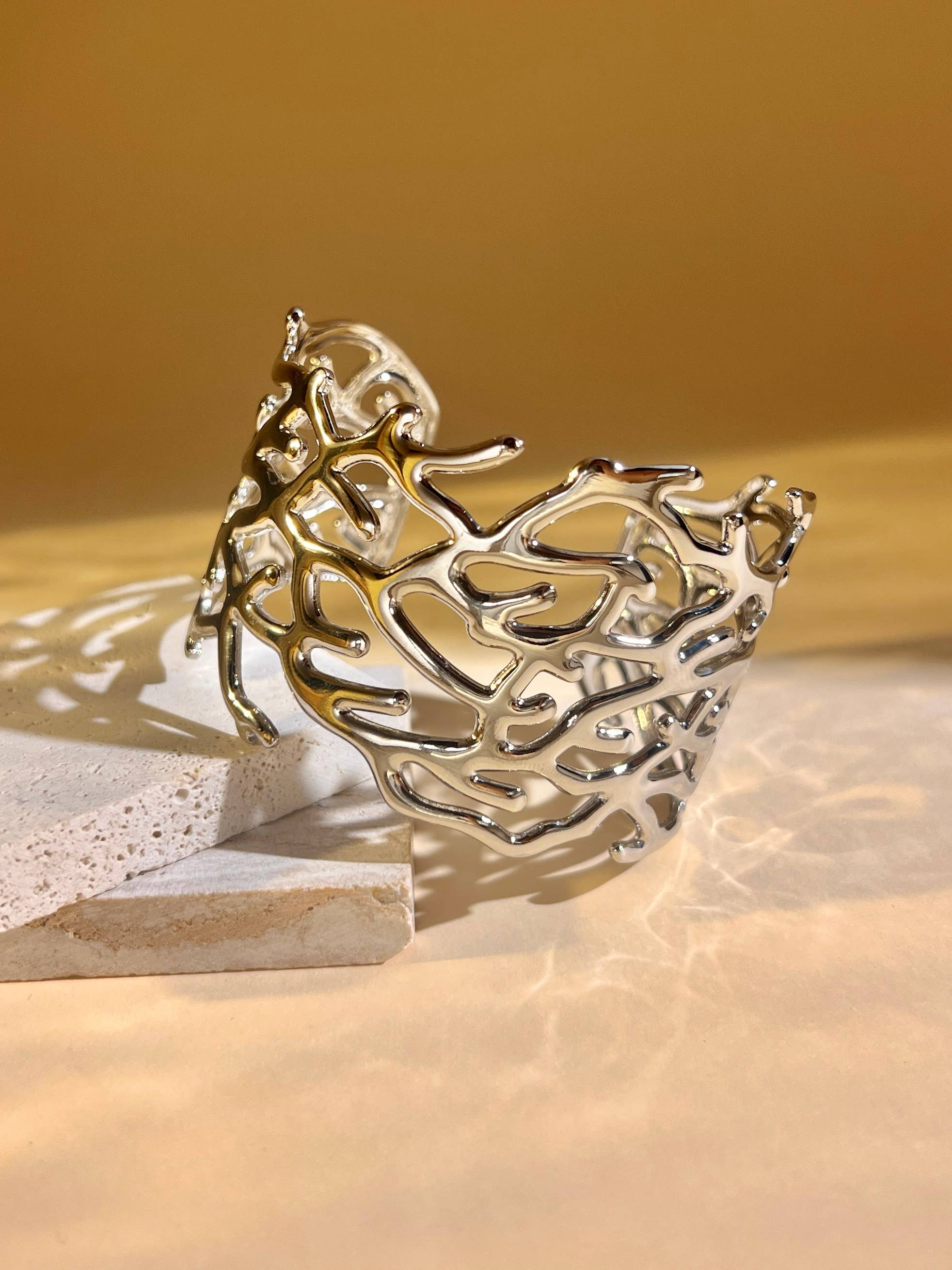 COSMOS - Wholesale Cuff Bracelet - Gold openwork cuff bracelet – chic coral design, steel0