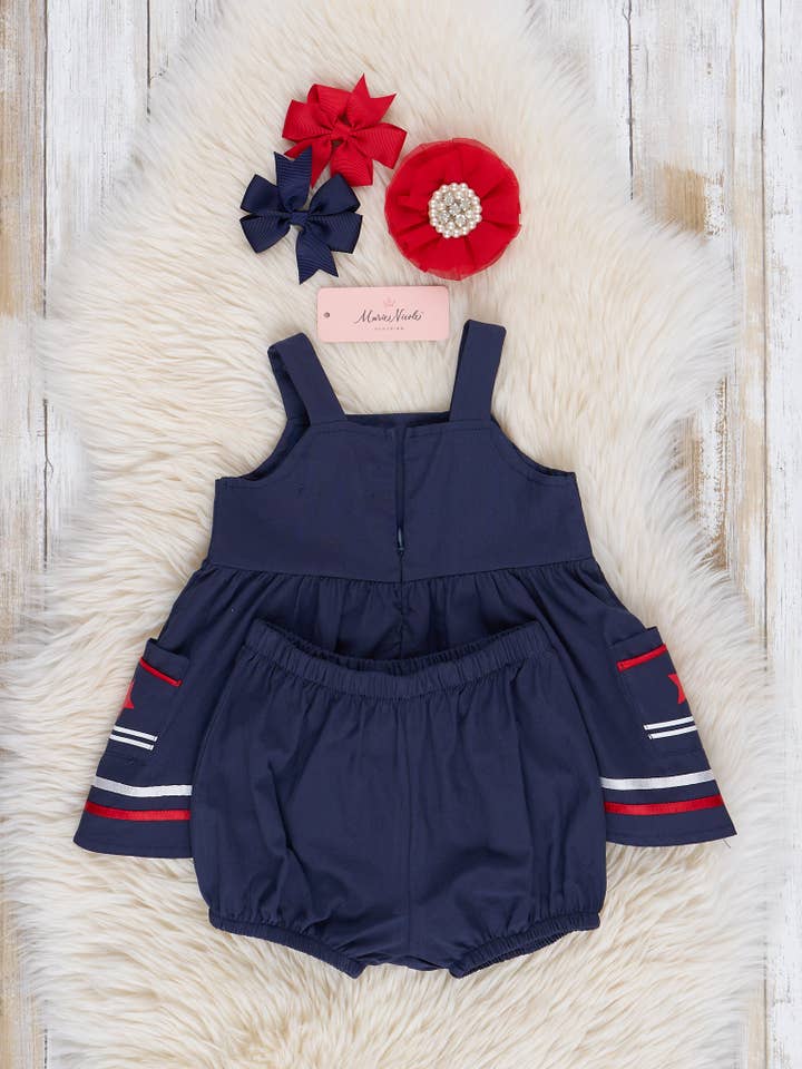 Marie Nicole Clothing - Wholesale Clothing Set - Baby - Navy Star Spangled Pocket Bloomers Outfit