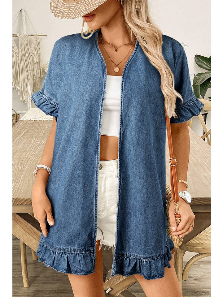 Dusk Blue Chambray Ruffle Hem Half Sleeve Open Loose Kimono for wholesale on Faire