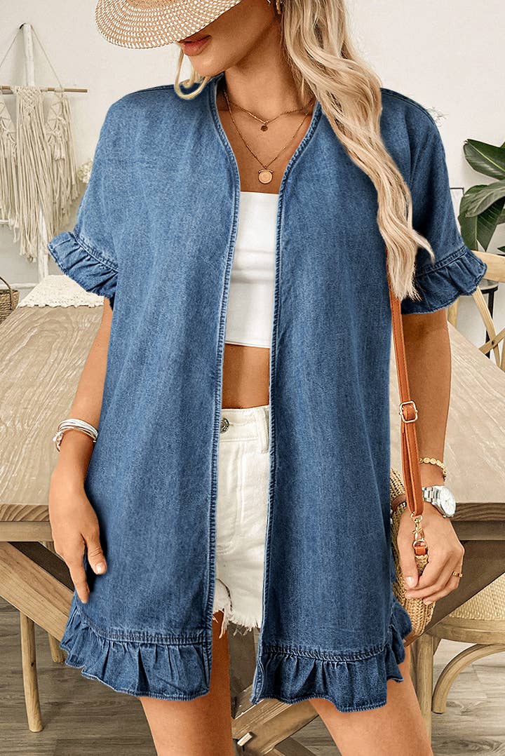 Dusk Blue Chambray Ruffle Hem Half Sleeve Open Loose Kimono for wholesale on Faire