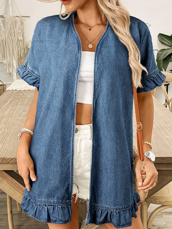Dusk Blue Chambray Ruffle Hem Half Sleeve Open Loose Kimono for wholesale on Faire0
