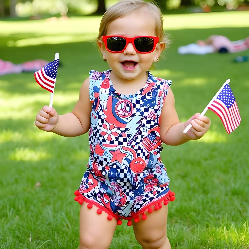 Rufflеѕ & Bоwtіеѕ - Affordable Boys & Girls Clothing - Wholesale Bodysuit (Non-Footed) - Baby - Baby Girls July 4th Groovy Pom Romper