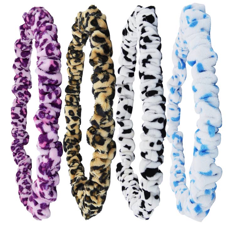 Thin Scrunchie Headband - Leopard & Cow Prints 4 Pack for wholesale by Frog Sac